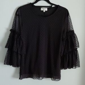 Whimsigoth Mesh Lace Black Tiered Sleeve Blouse Top Witchy Dark Romantic Frilly